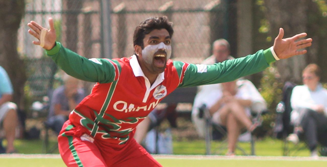 Aamir Kaleem howls an appeal for the wicket of Matthew Stokes, Guernsey v Oman, ICC World Cricket League Division Five, St Clement, May 27, 2016