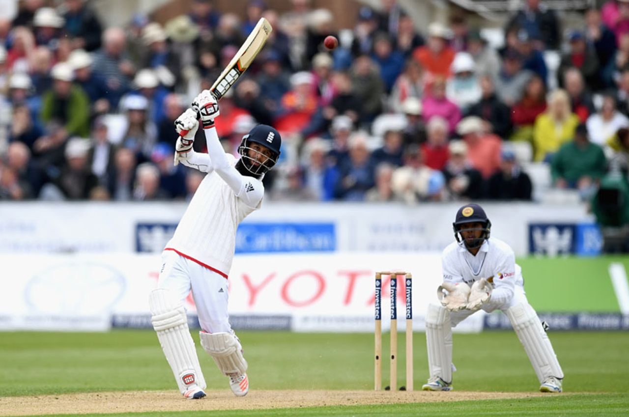 Moeen Ali went to his fifty with a shot over mid-off, England v Sri Lanka, 2nd Test, Chester-le-Street, 2nd day, May 28, 2016