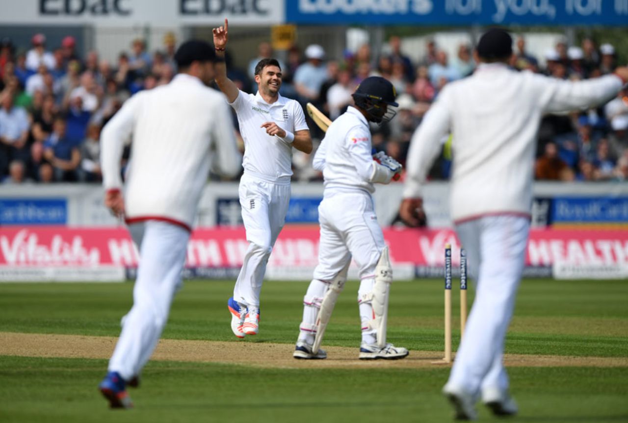 James Anderson bowled Dimuth Karunaratne behind his legs, England v Sri Lanka, 2nd Test, Chester-le-Street, 2nd day, May 28, 2016