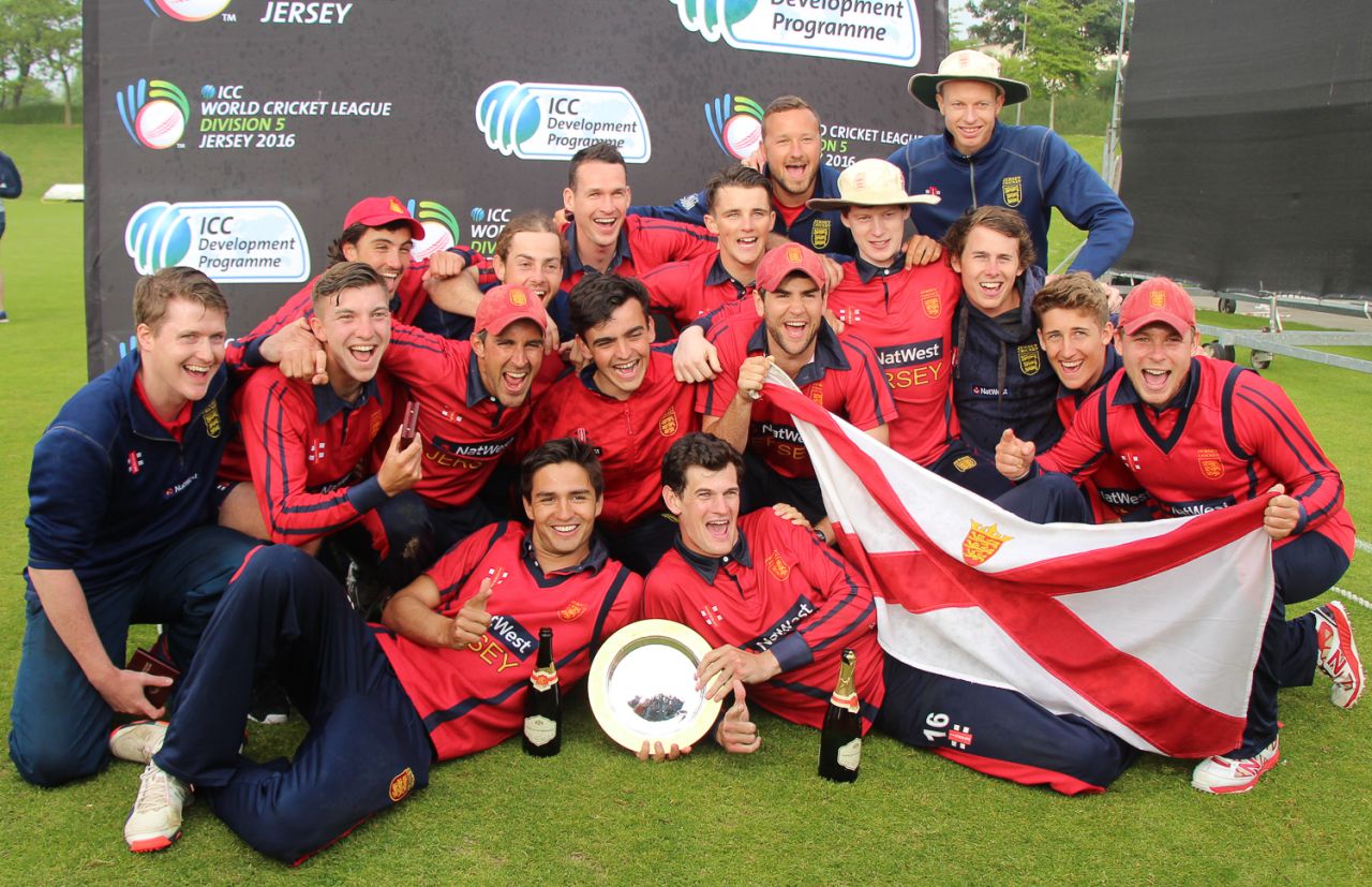 Jersey celebrates winning the WCL Division Five title, Jersey v Oman, ICC World Cricket League Division Five, St Saviour, May 28, 2016