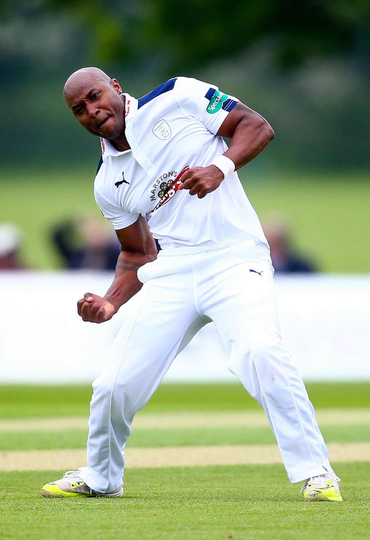 Tino Best celebrates his early dismissal of Sam Robson, Middlesex v Hampshire, County Championship, Division One, Merchant Taylors' School, 1st day, May 29, 2016