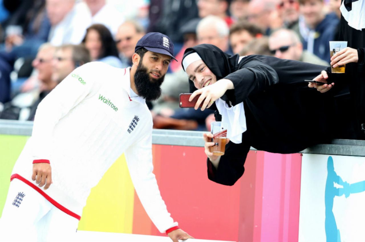 Moeen Ali poses for a selfie with a spectator dressed as a nun, England v Sri Lanka, 2nd Test, Chester-le-Street, 3rd day, May 29, 2016