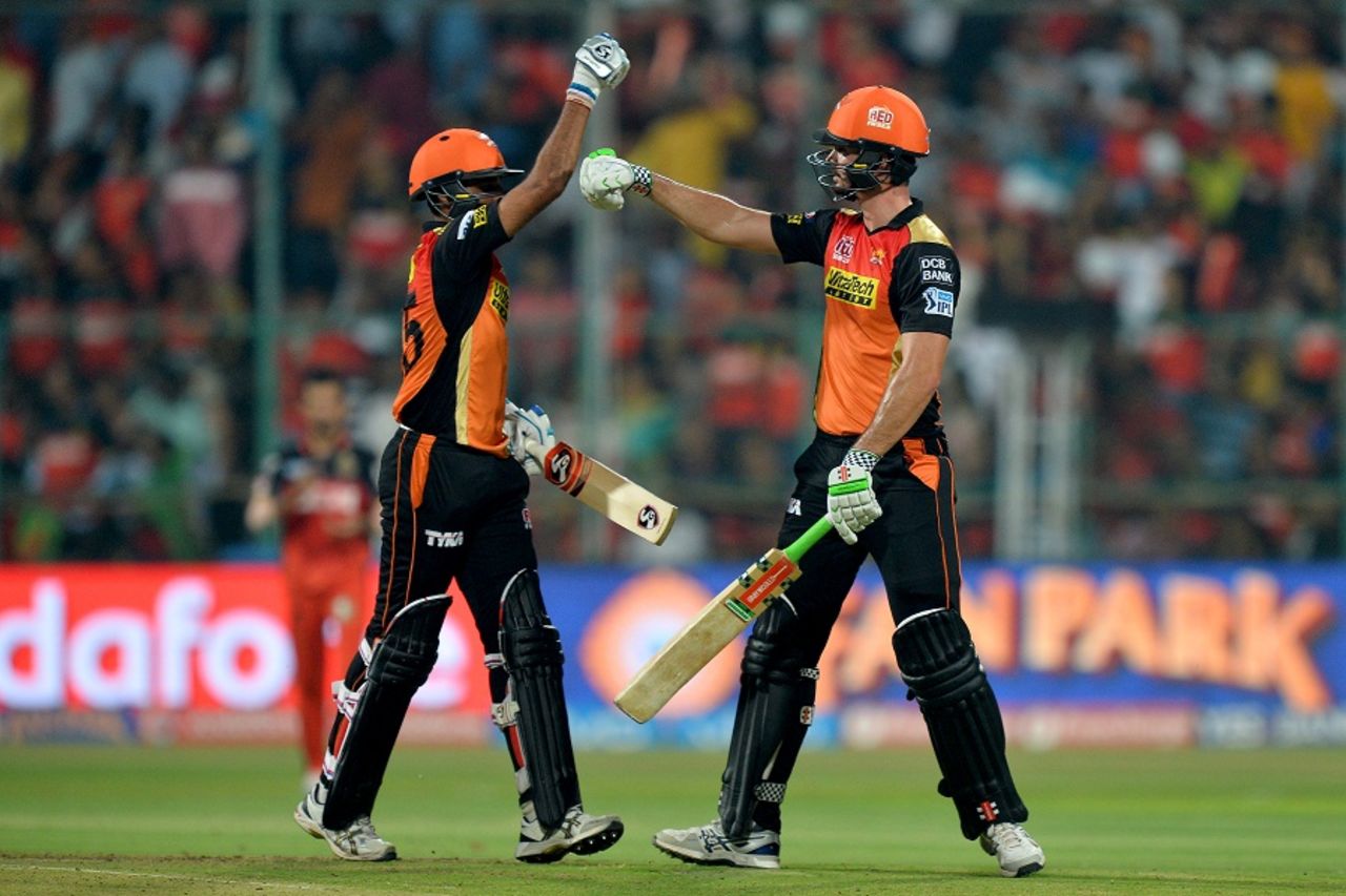 Ben Cutting and Bhuvneshwar Kumar punch gloves after taking their side to 208, Royal Challengers Bangalore v Sunrisers Hyderabad, IPL 2016, final, Bangalore, May 29, 2016