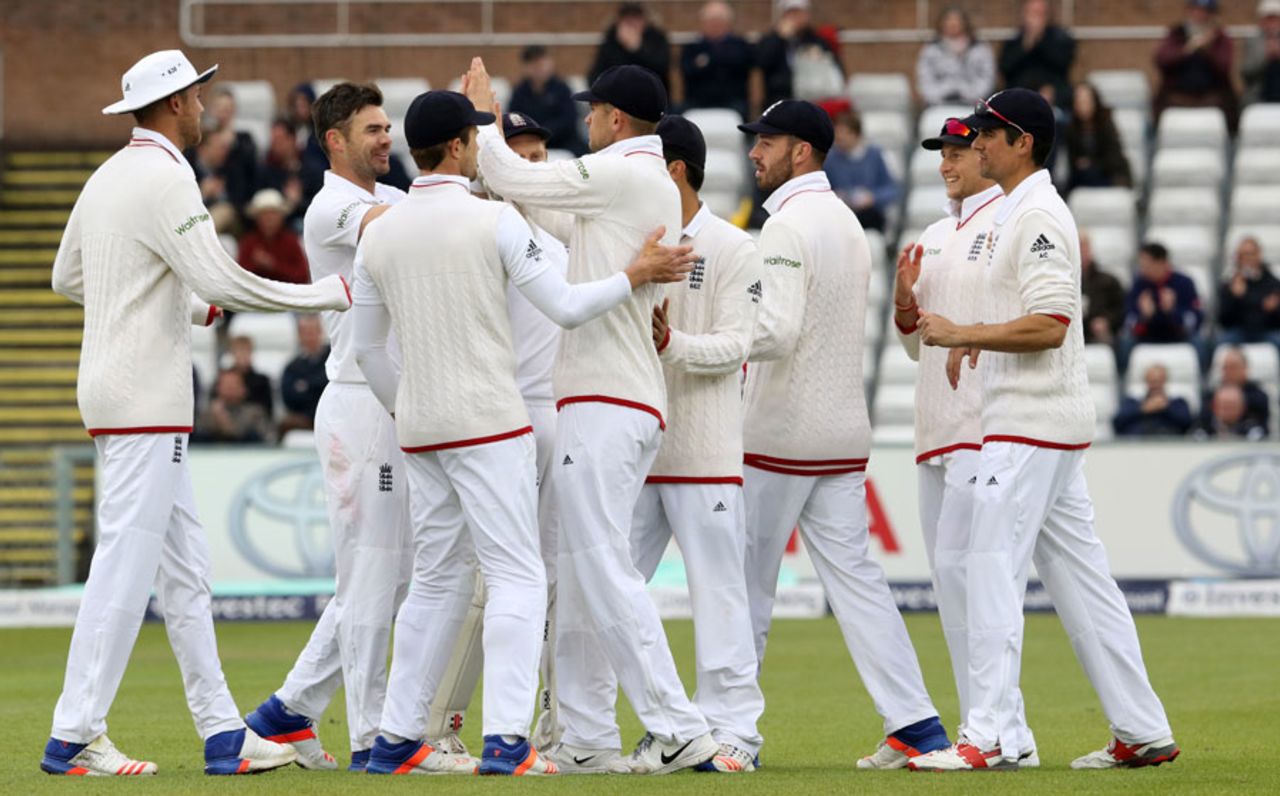 James Anderson is congratulated for the wicket of Milinda Siriwardana, England v Sri Lanka, 2nd Test, Chester-le-Street, 4th day, May 30, 2016