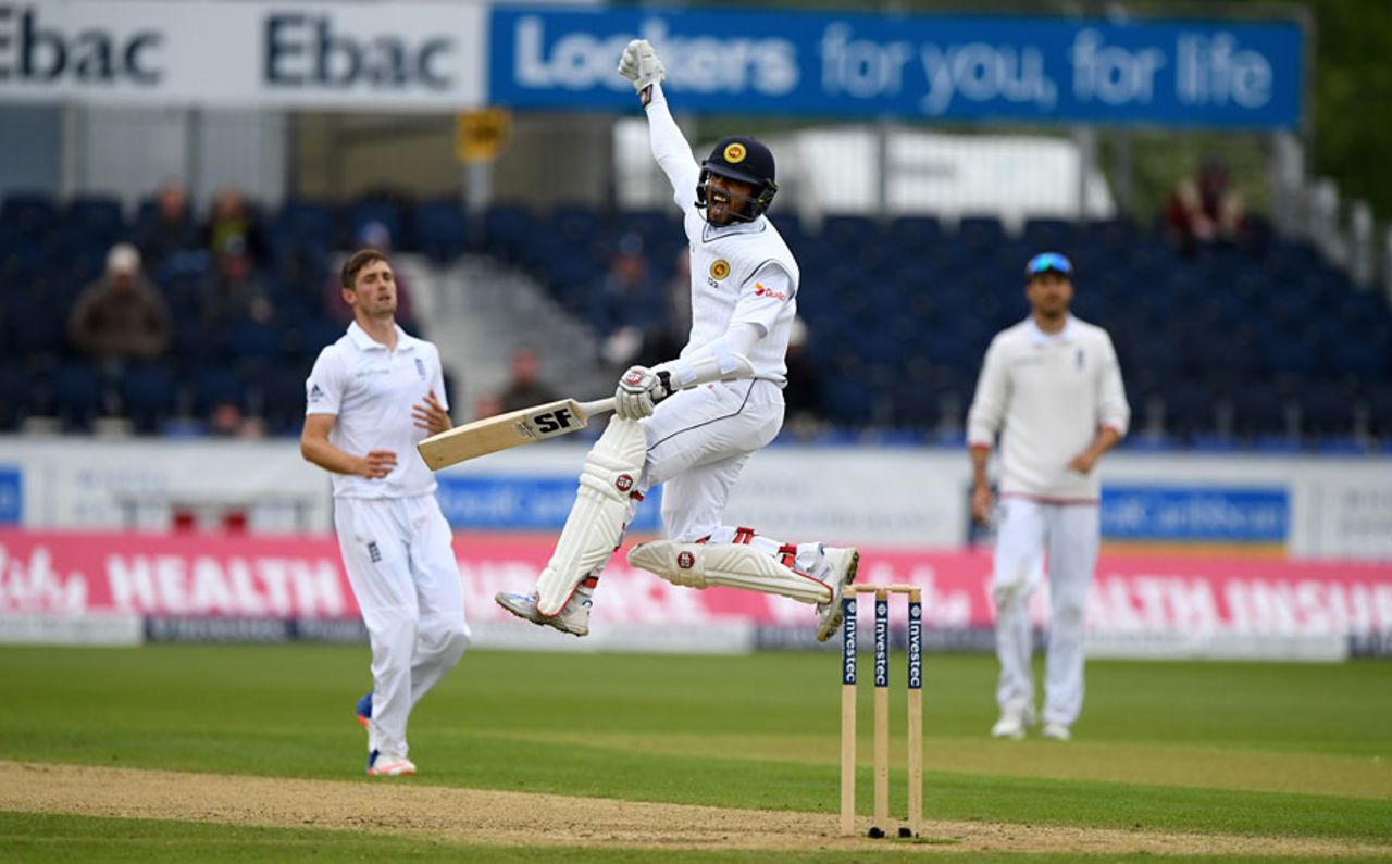 Jumping for joy: Dinesh Chandimal goes to his sixth Test hundred, England v Sri Lanka, 2nd Test, Chester-le-Street, 4th day, May 30, 2016