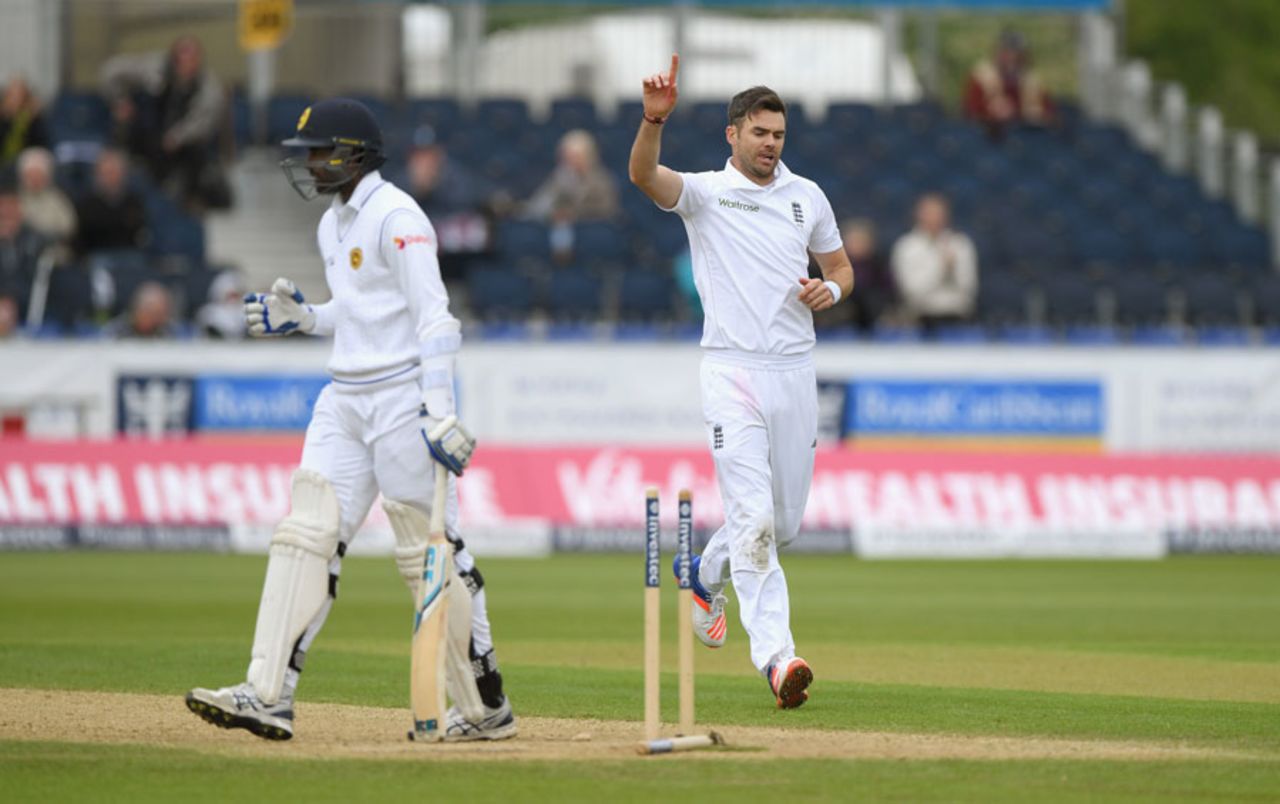 James Anderson completed his five-wicket haul by bowling Shaminda Eranga for 1, England v Sri Lanka, 2nd Test, Chester-le-Street, 4th day, May 30, 2016