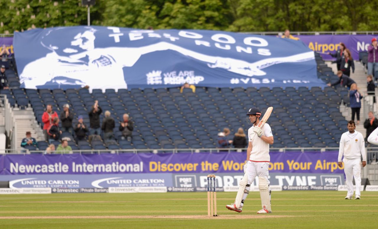 A banner in the crowd was unfurled to acknowledge Alastair Cook reaching 10,000 Test runs, England v Sri Lanka, 2nd Test, Chester-le-Street, 4th day, May 30, 2016
