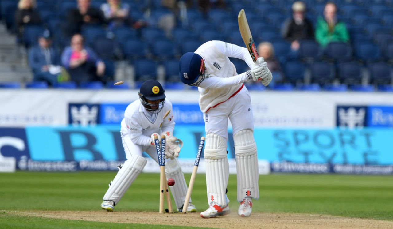 Alex Hales was bowled by Milinda Siriwardana for 11, England v Sri Lanka, 2nd Test, Chester-le-Street, 4th day, May 30, 2016