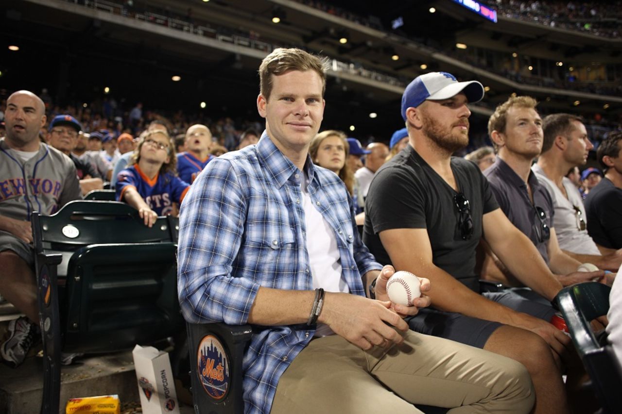 Steven Smith, Aaron Finch and George Bailey at a baseball game, New York, May 29, 2016