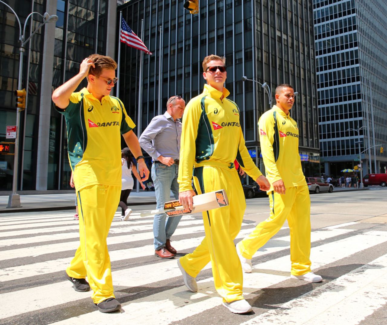Adam Zampa, Steven Smith and Usman Khawaja roam the streets of New York, New York, May 28, 2016