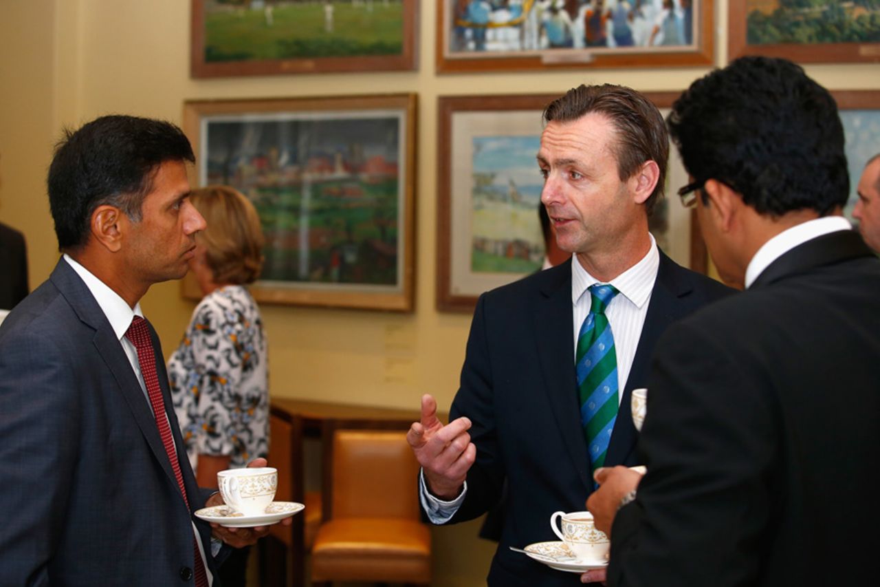 John Stephenson chats with Rahul Dravid and Anil Kumble during the ICC Cricket Committee Meeting, London, June 1, 2016