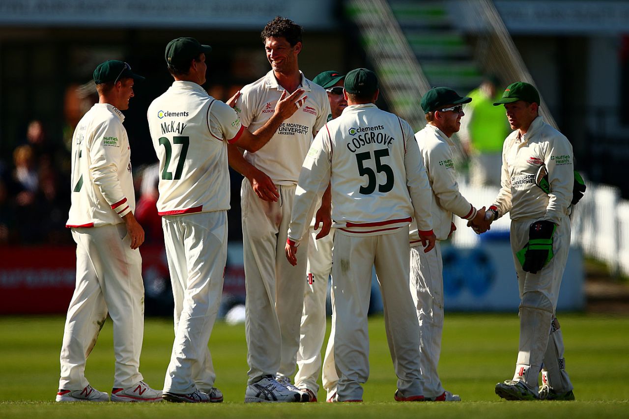 Leicestershire celebrate a wicket, Sussex v Leicestershire, County Championship, Division Two, Hove, 4th day, May 4, 2016
