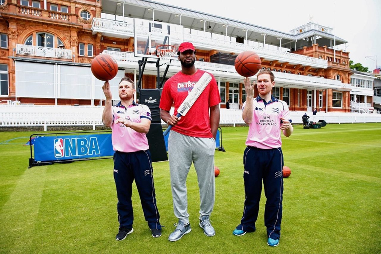 Brendon McCullum, NBA All-Star Andre Drummond and Eoin Morgan at a promotional event, Lord's, June 3, 2016