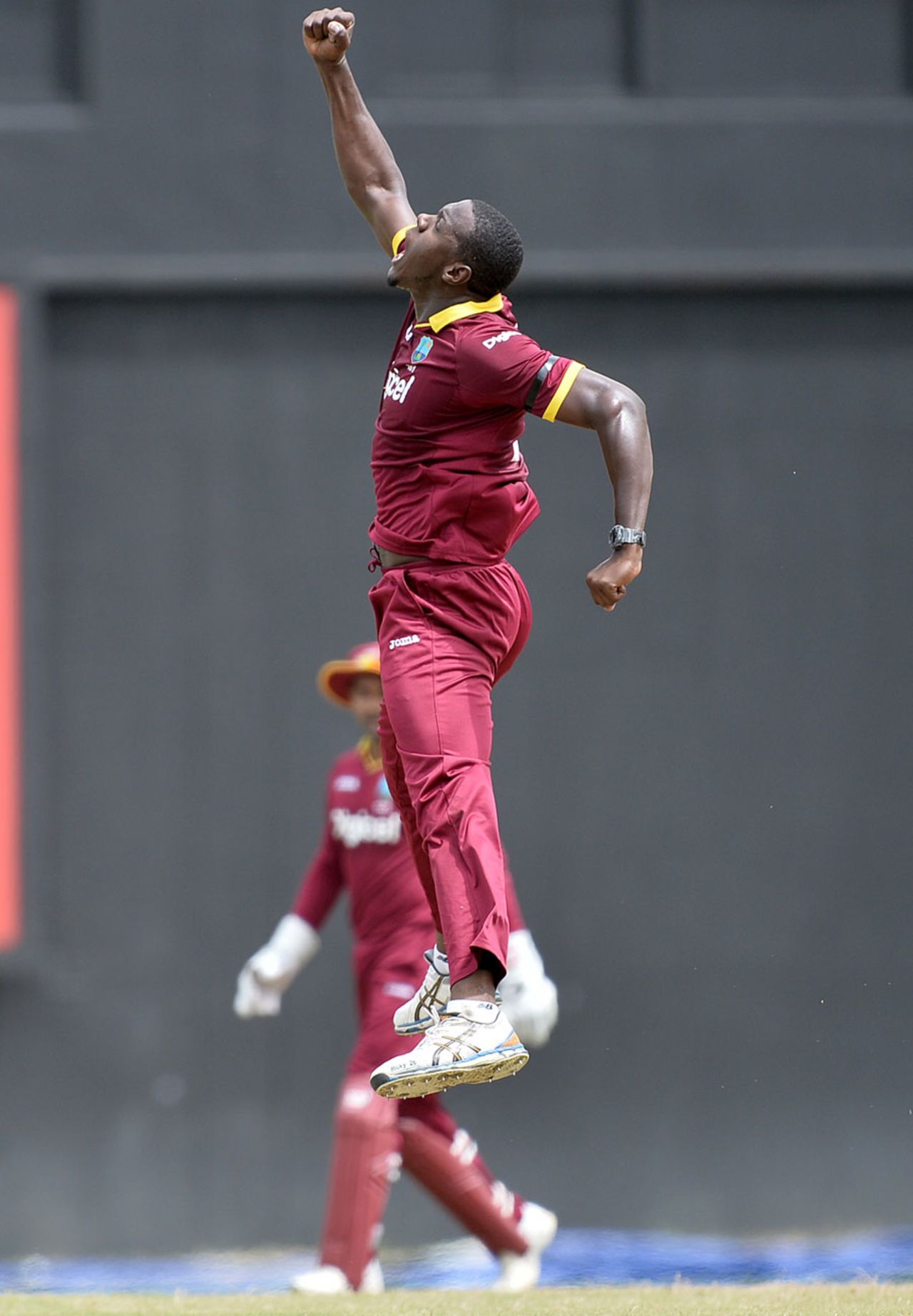 Carlos Brathwaite celebrates the wicket of Quinton de Kock, West Indies v South Africa, ODI tri-series, 1st match, Providence, June 3, 2016