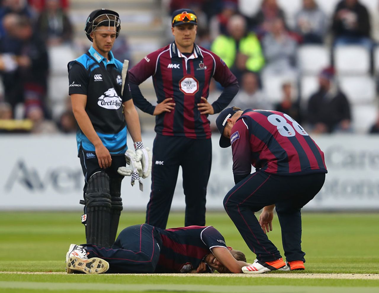 Olly Stone went down with an injury, Northamptonshire v Worcestershire, NatWest T20 Blast, North Group, Wantage Road, June 3, 2016