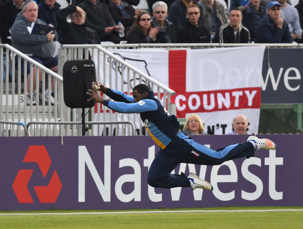 Chesney Hughes dives full-length for a catch, Derbyshire v Leicestershire, NatWest T20 Blast, North Group, Derby, June 3, 2016