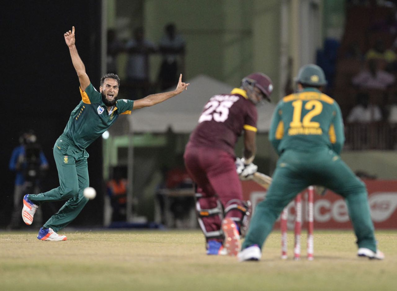 Imran Tahir exults after a wicket, West Indies v South Africa, ODI tri-series, 1st match, Providence, June 3, 2016