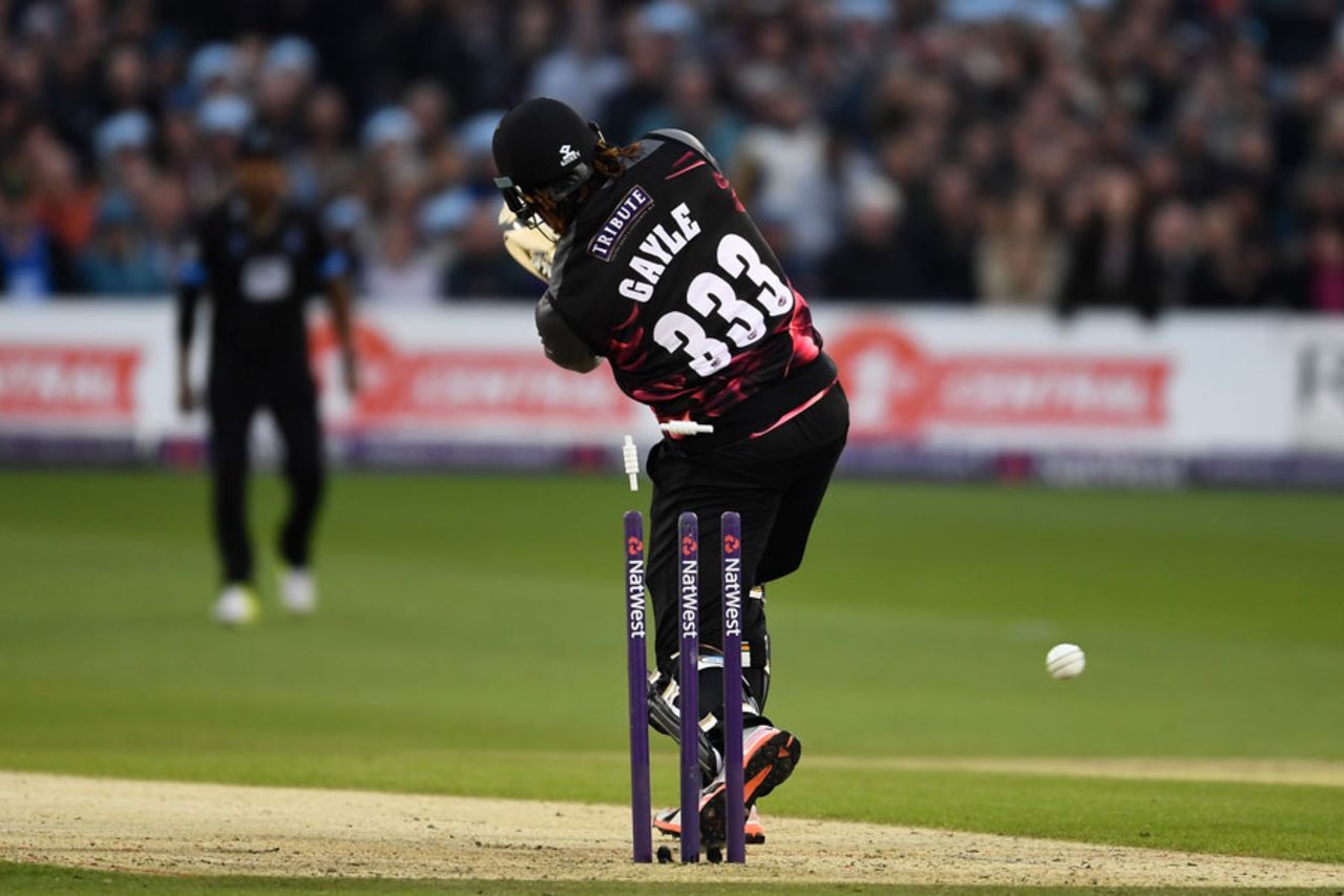 Chris Gayle missed with a swipe across the line, Sussex v Somerset, NatWest T20 Blast, South Group, Hover, June 1, 2016