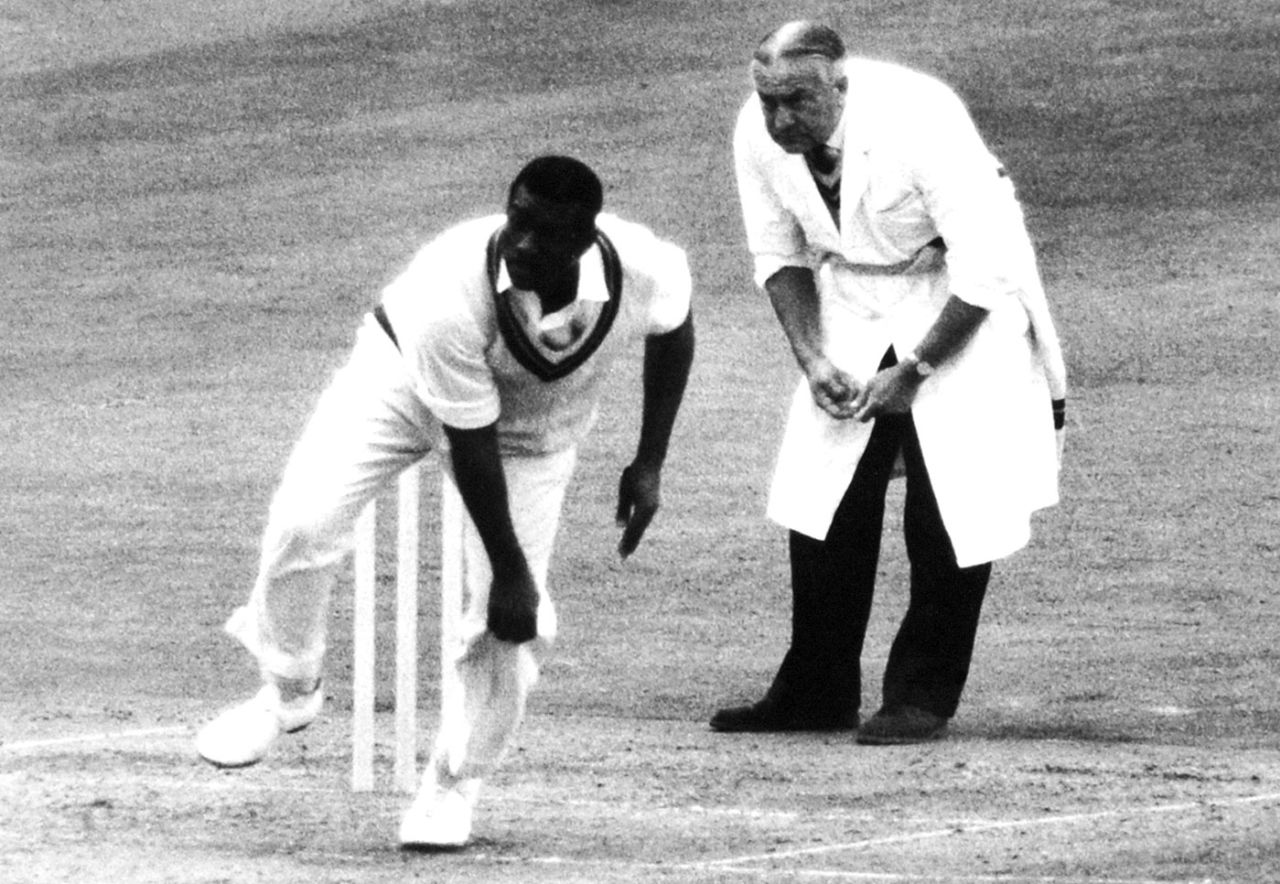 Charlie Griffith bowls as umpire Syd Buller looks on, England v West Indies, 4th Test, Headingley, August 6, 1966