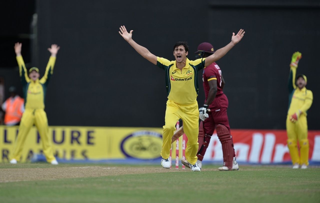 Mitchell Starc roars an appeal for lbw, West Indies v Australia, ODI tri-series, 2nd match, Providence, June 5, 2016