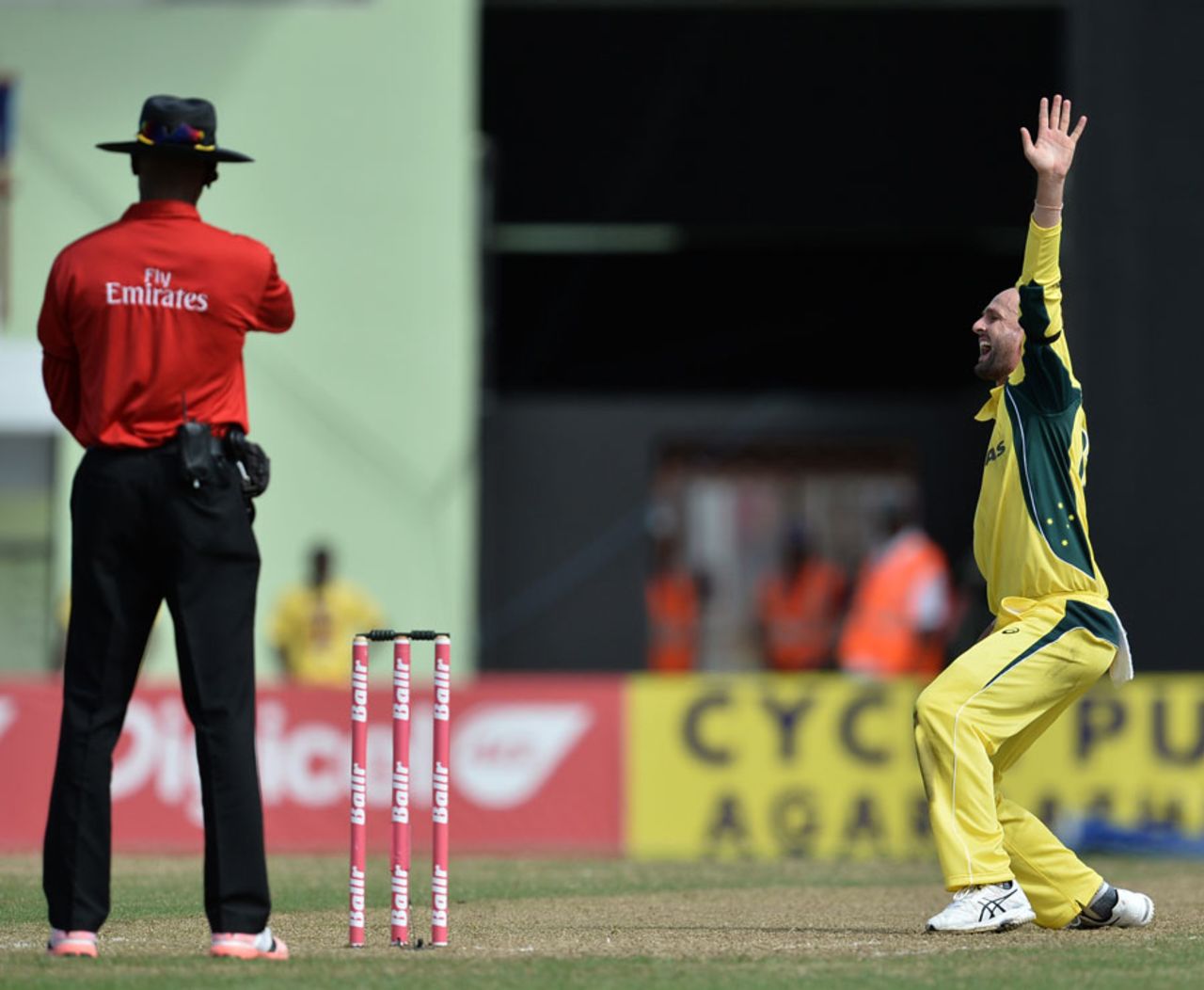 Nathan Lyon goes up in appeal, West Indies v Australia, ODI tri-series, 2nd match, Providence, June 5, 2016