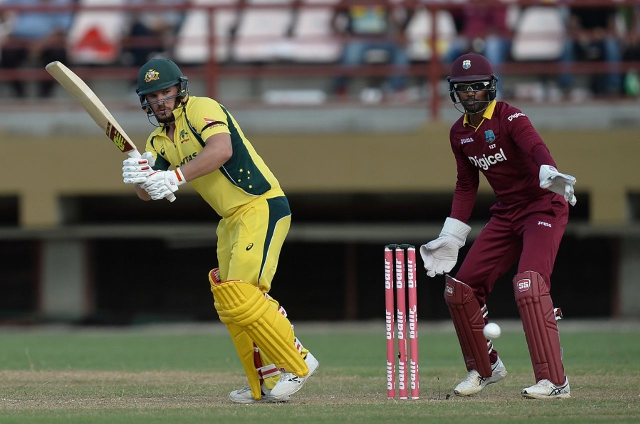 Aaron Finch flicks the ball to the leg side, West Indies v Australia, ODI tri-series, 2nd match, Providence, June 5, 2016