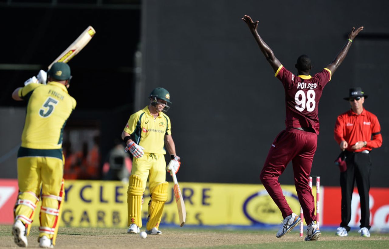 Jason Holder successfully appeals for Aaron Finch's wicket, West Indies v Australia, ODI tri-series, 2nd match, Providence, June 5, 2016