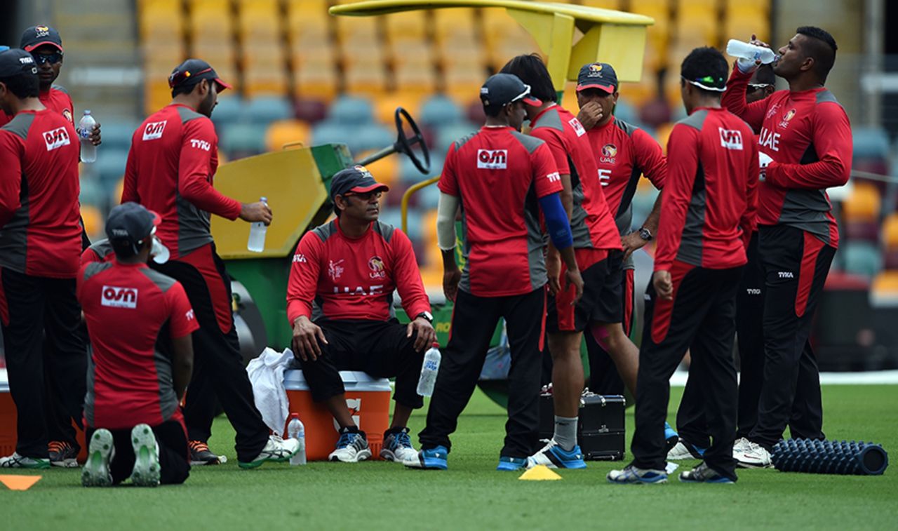 UAE coach Aaqib Javed takes a break with his side during a training session, World Cup 2015, Brisbane, February 24, 2015
