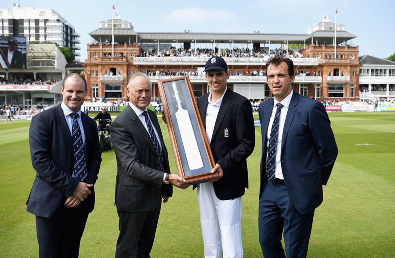 Alastair Cook was presented with a silver bat to mark his 10,000 Test runs, England v Sri Lanka, 1st Investec Test, Lord's, June 9, 2016
