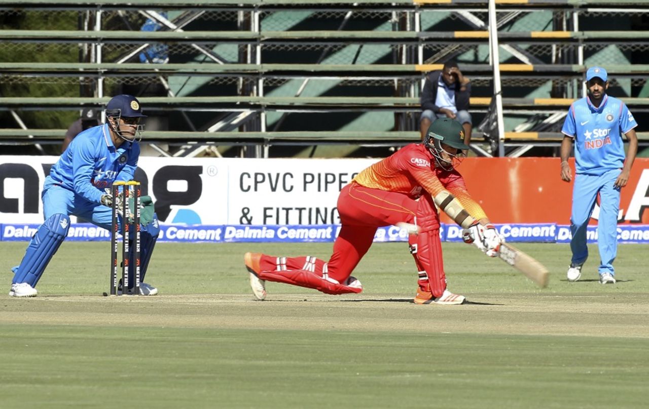 Craig Ervine reaches out for a sweep, Zimbabwe v India, 1st ODI, Harare, June 11, 2016