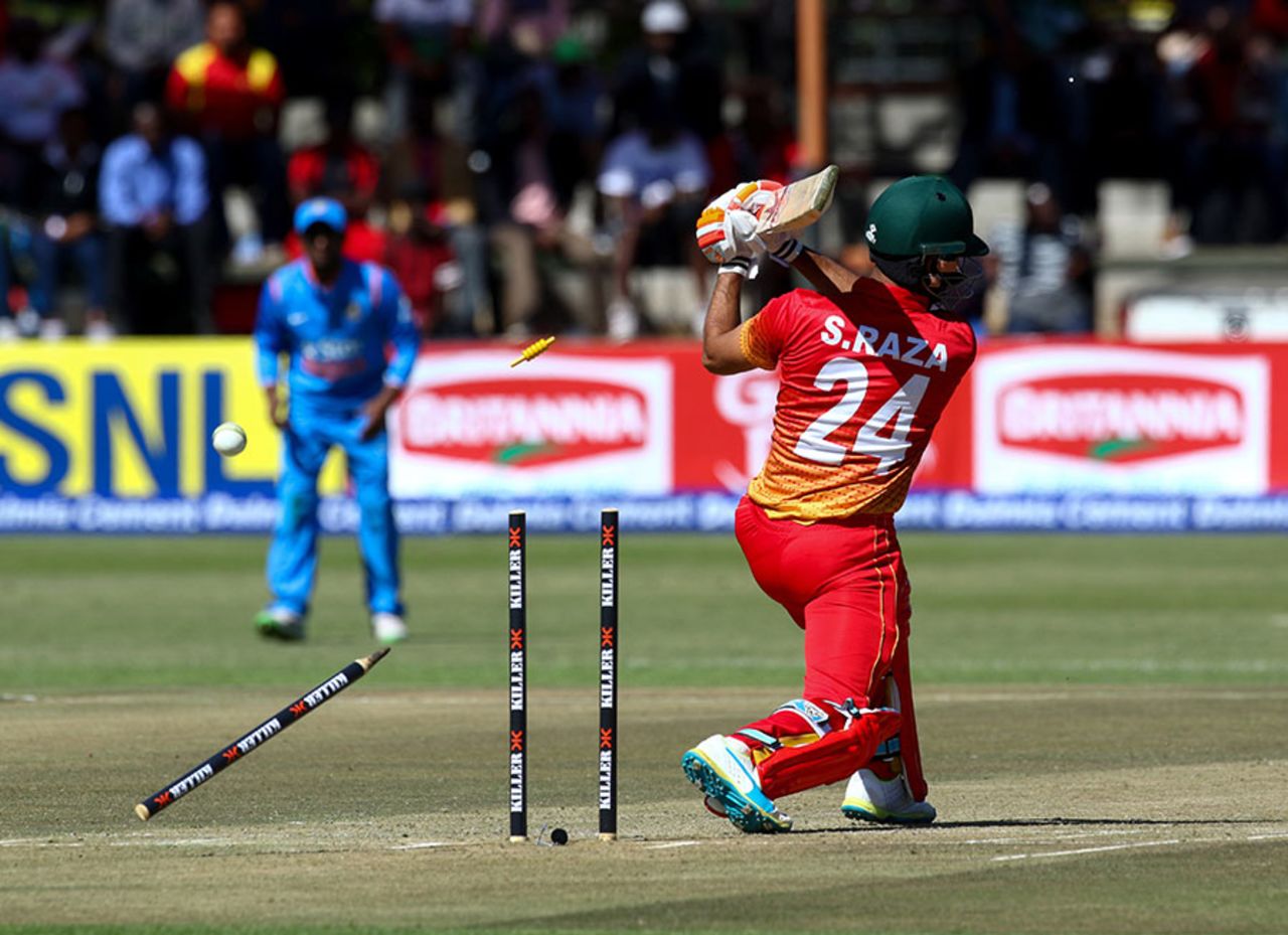 Sikandar Raza inside-edges a drive onto his stumps, Zimbabwe v India, 1st ODI, Harare, June 11, 2016