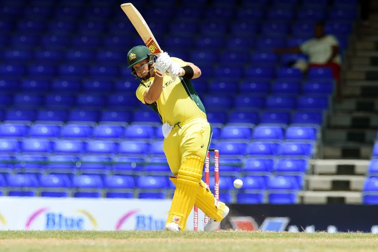 Aaron Finch punches down the ground, Australia v South Africa, 4th match, ODI tri-series, St Kitts, June 11, 2016