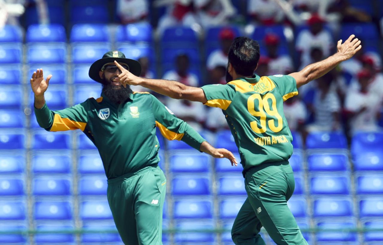 Imran Tahir sets off on a sprint after removing Aaron Finch, Australia v South Africa, 4th match, ODI tri-series, St Kitts, June 11, 2016