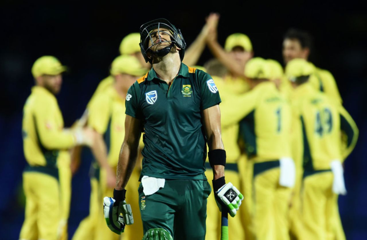 Faf du Plessis walks back after his dismissal, Australia v South Africa, 4th match, ODI tri-series, St Kitts