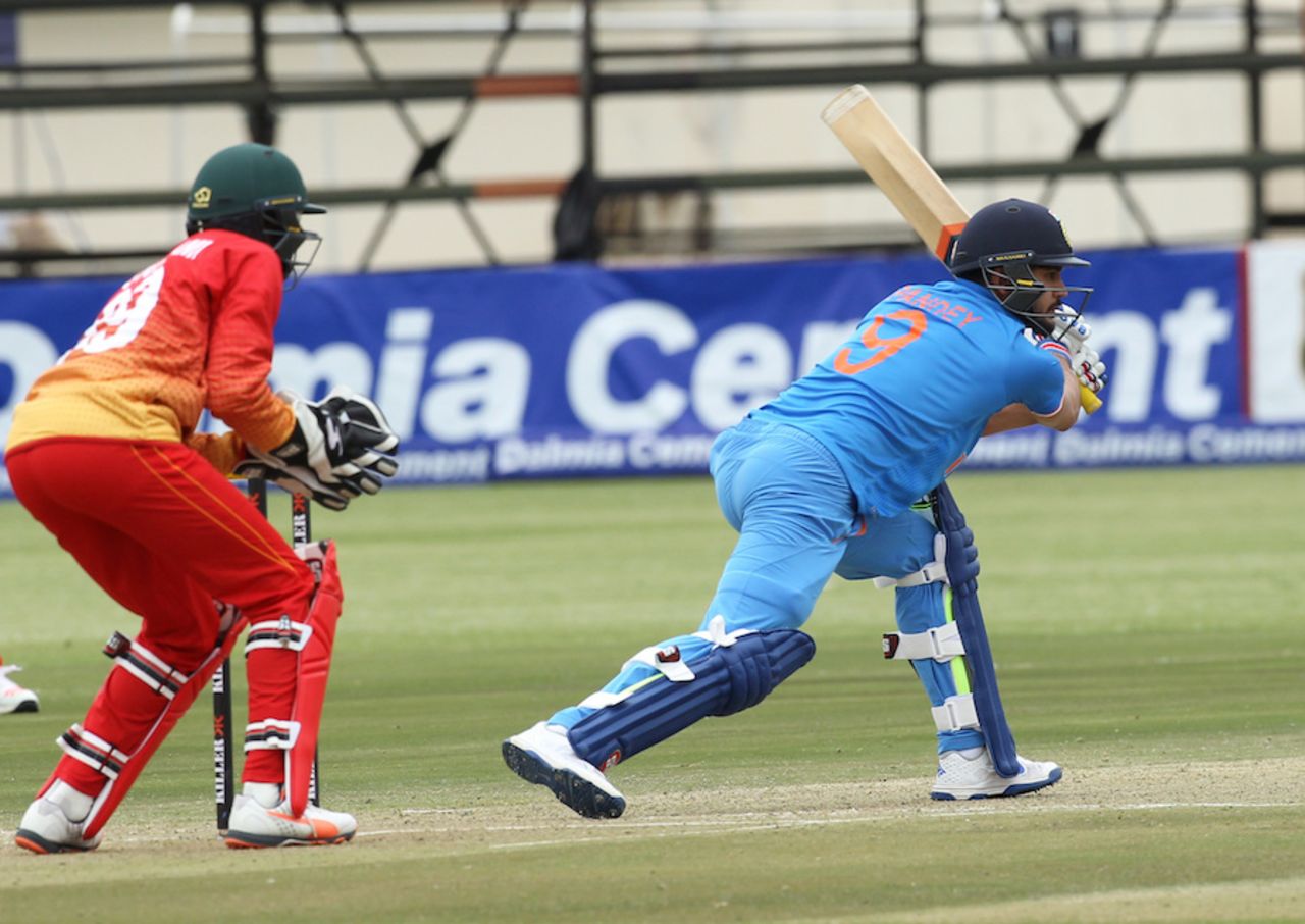 Manish Pandey reaches out for one to hit the winning runs, Zimbabwe v India, 2nd ODI, Harare, June 13, 2016