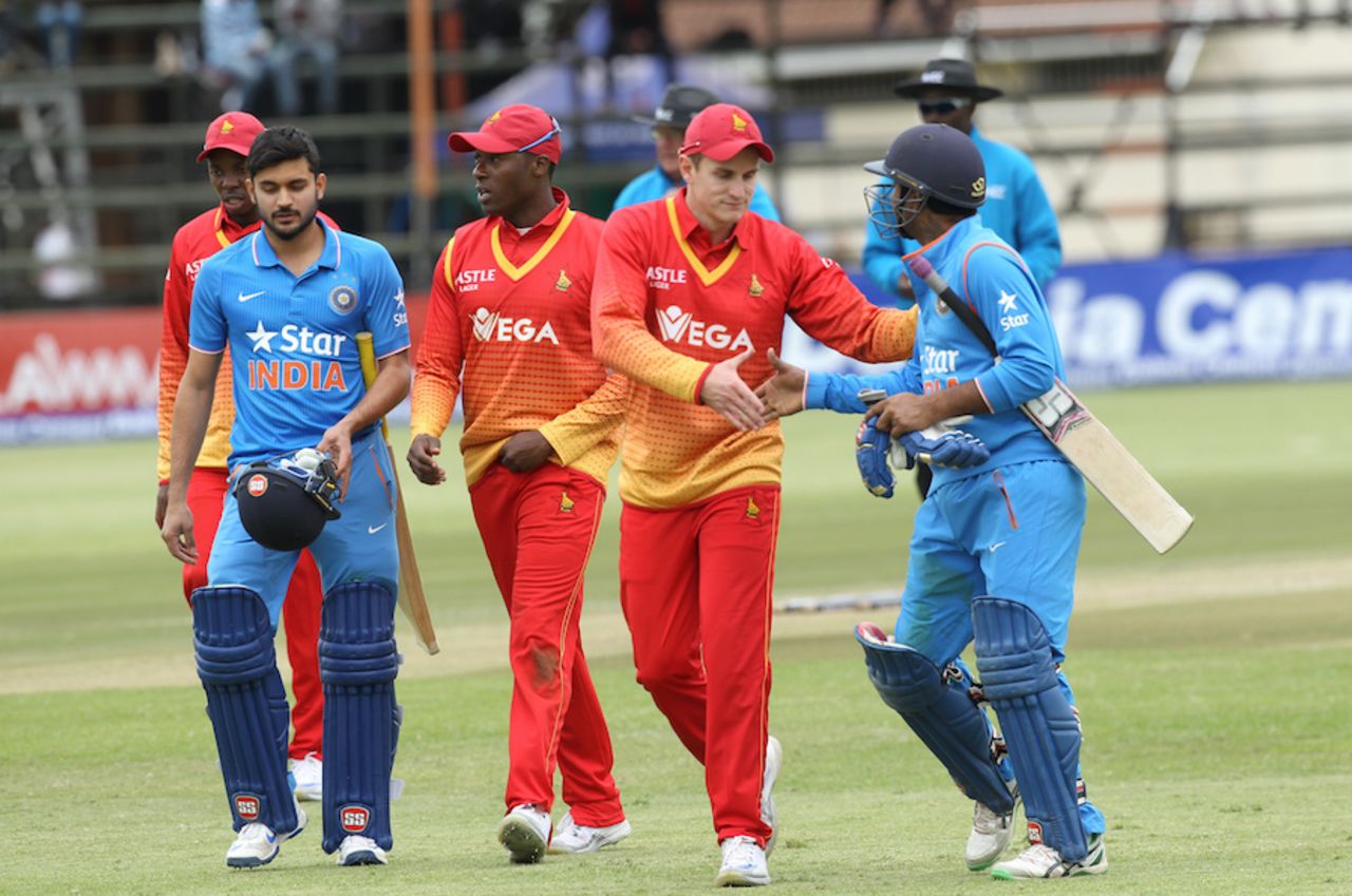 Ambati Rayudu is congratulated after India's win, Zimbabwe v India, 2nd ODI, Harare, June 13, 2016