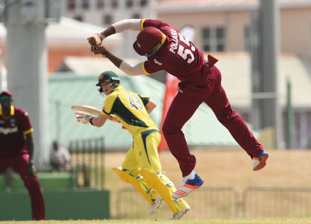 Steven Smith nudges one past Kieron Pollard at short leg, West Indies v Australia, 5th match, ODI tri-series, Basseterre, June 13, 2016