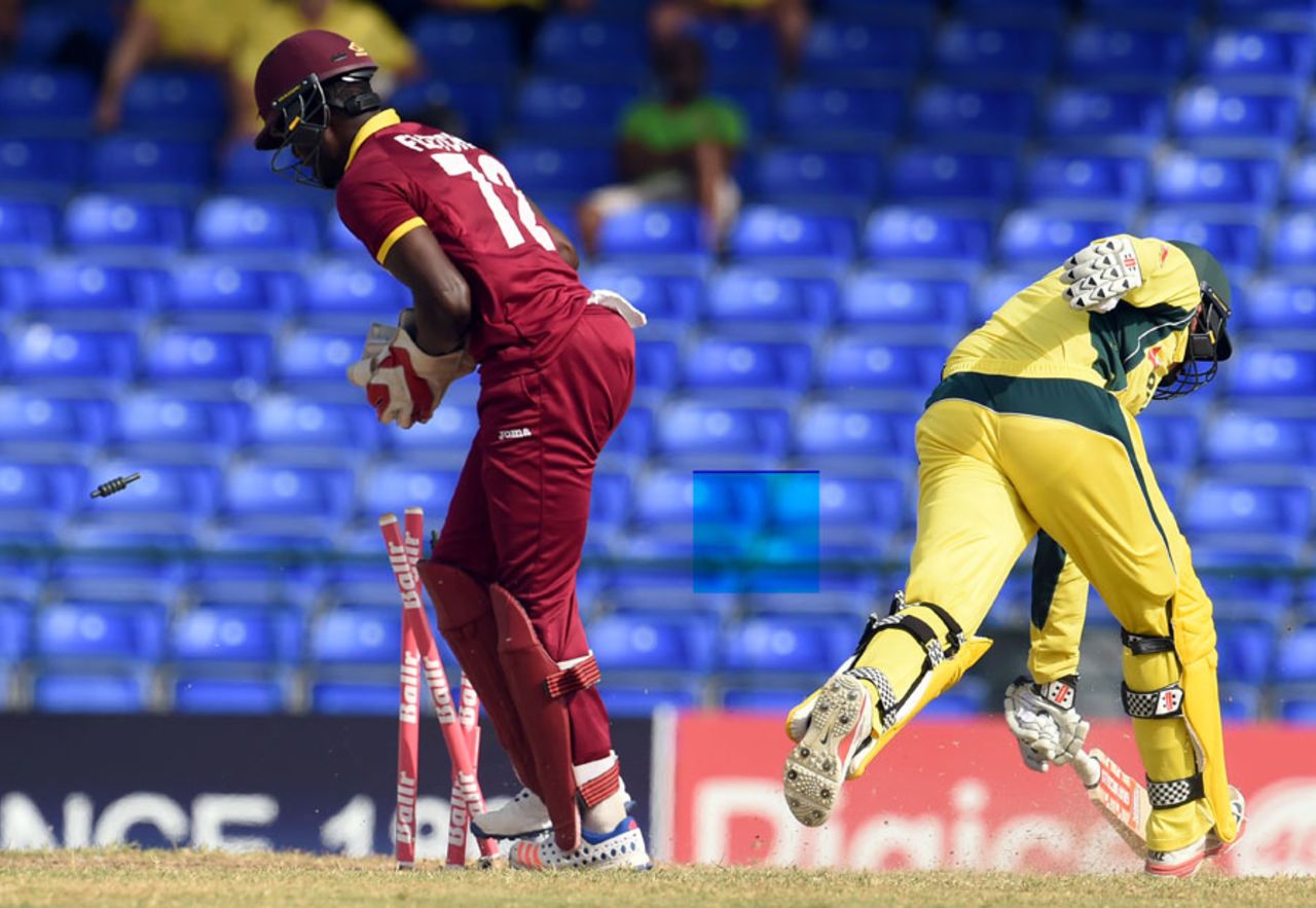 Andre Fletcher takes off the bails to run Usman Khawaja out for 98, West Indies v Australia, 5th match, ODI tri-series, Basseterre, June 13, 2016