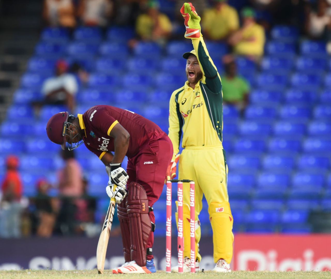 Johnson Charles was trapped in front by Adam Zampa, West Indies v Australia, 5th match, ODI tri-series, Basseterre, June 13, 2016