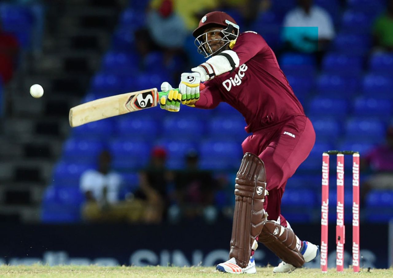 Marlon Samuels attacks the leg side, West Indies v Australia, 5th match, ODI tri-series, Basseterre, June 13, 2016