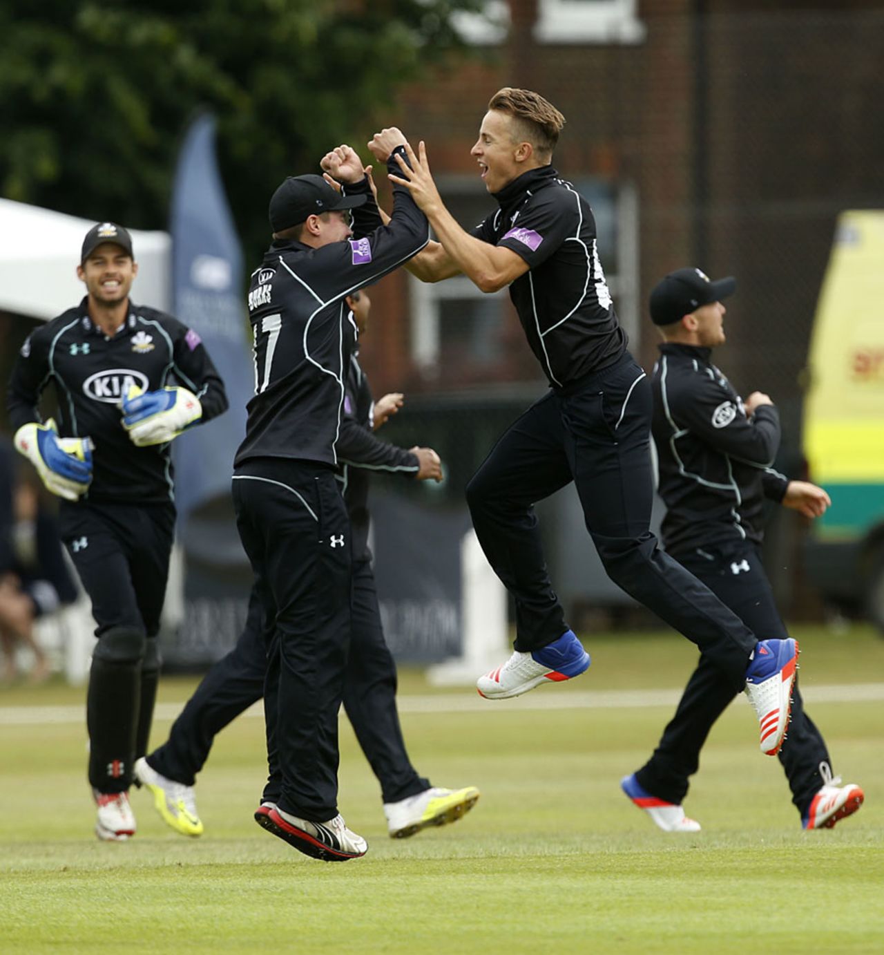 Tom Curran celebrates his first-over wicket of Chris Nash, Surrey v Sussex, Royal London Cup, South Group, June 14, 2016
