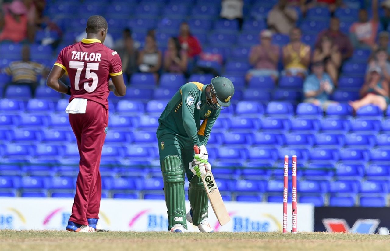 Jerome Taylor knocks out Quinton de Kock's off stump, West Indies v South Africa, 6th match, ODI tri-series, St Kitts