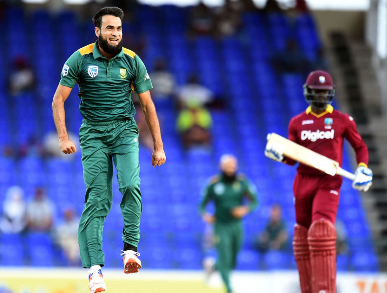Imran Tahir exults after removing Andre Fletcher, West Indies v South Africa, 6th match, ODI tri-series, St Kitts