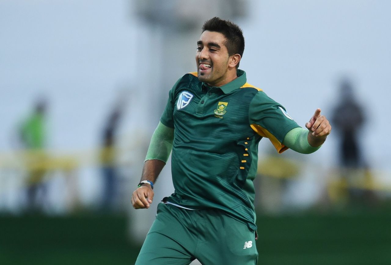 Tabraiz Shamsi is pleased after removing Johnson Charles, West Indies v South Africa, 6th match, ODI tri-series, St Kitts