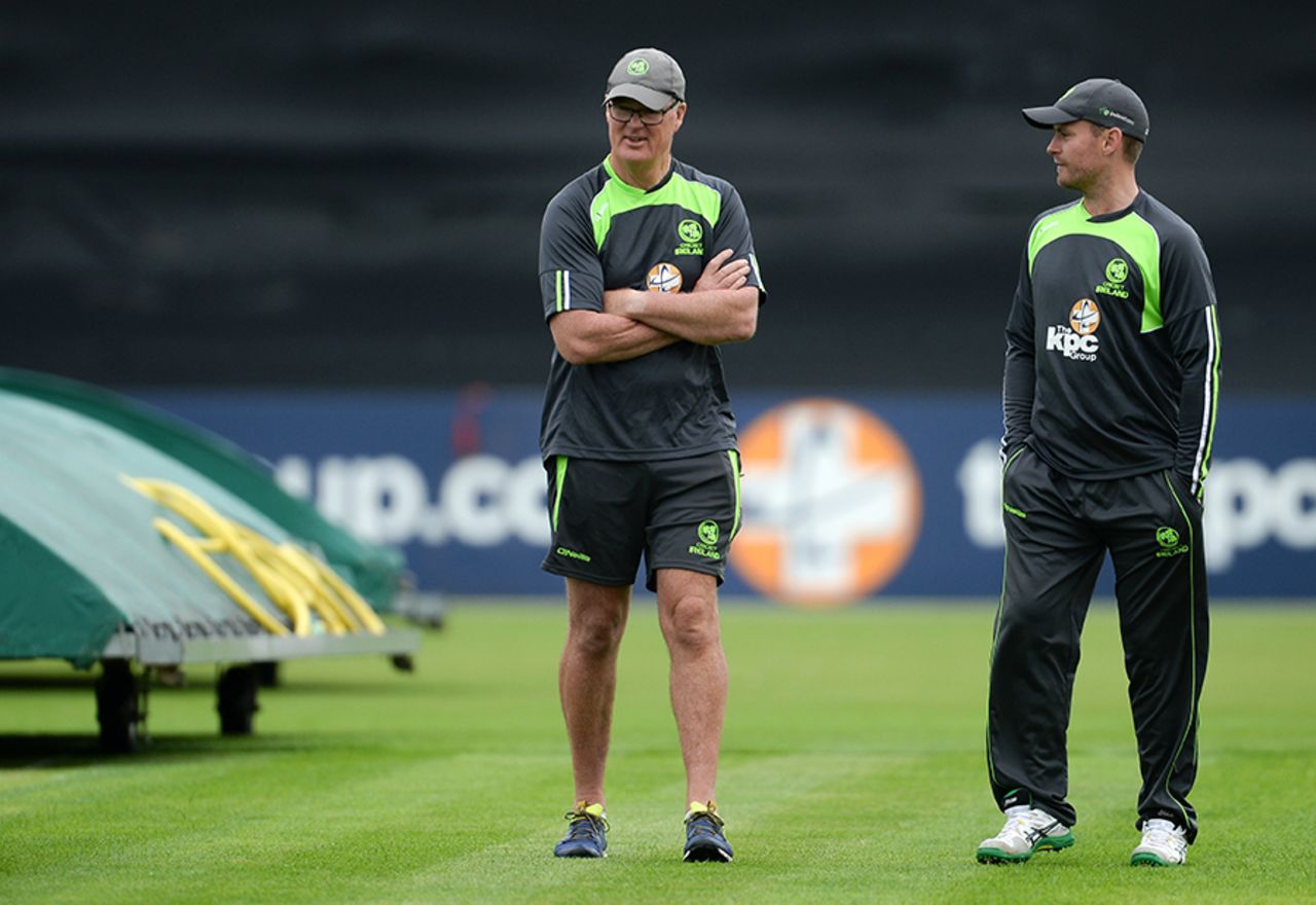 Ireland coach John Bracewell and captain William Porterfield inspect conditions before play, Ireland v Sri Lanka, 1st ODI, Malahide, June 16, 2016