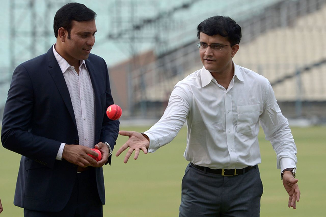 VVS Laxman and Sourav Ganguly gesture at an event for pink-ball cricket, Kolkata, June 16, 2016
