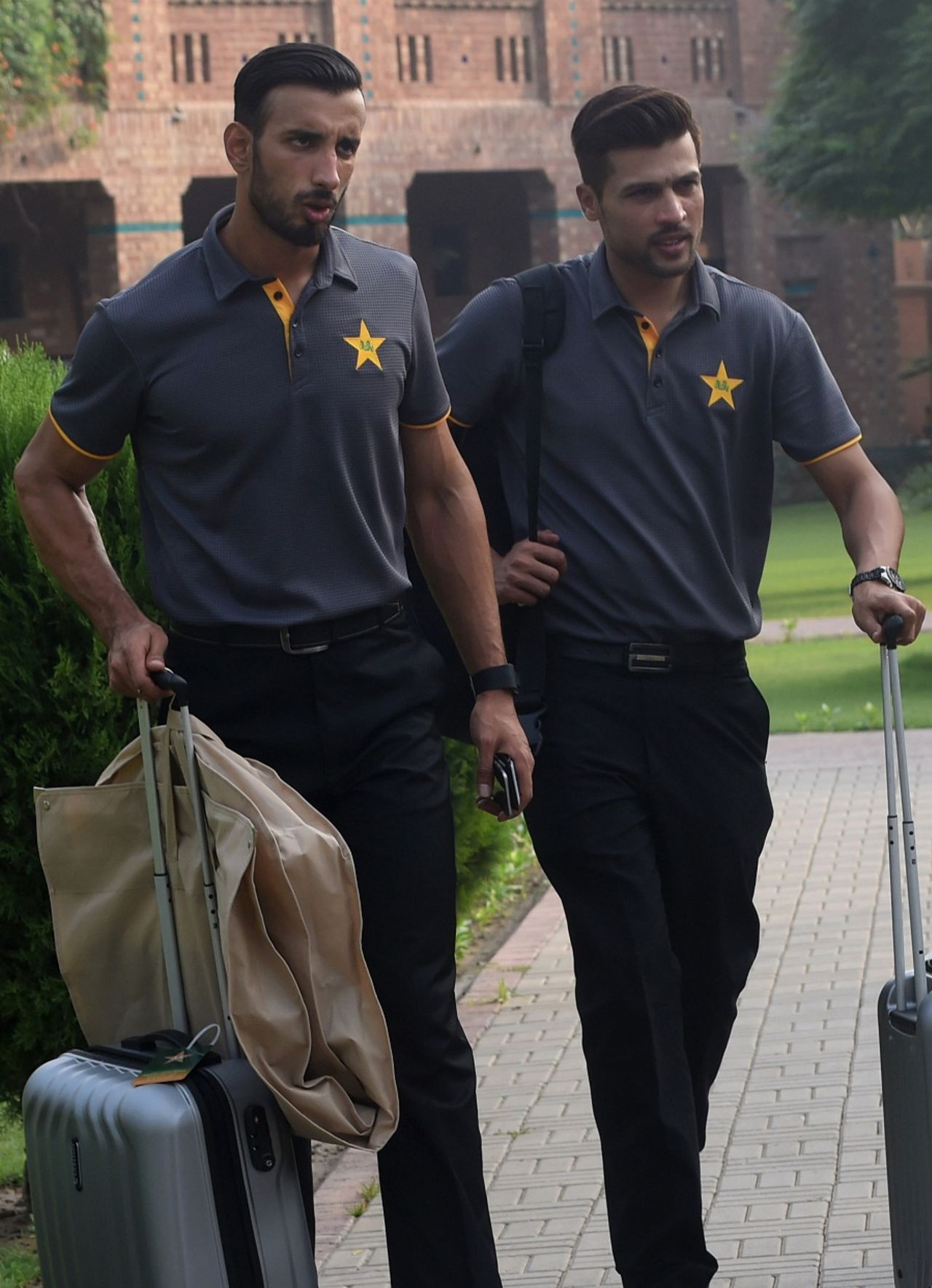 Shan Masood and Mohammad Amir leave the NCA ahead of Pakistan's departure for England, Lahore, June 18, 2016