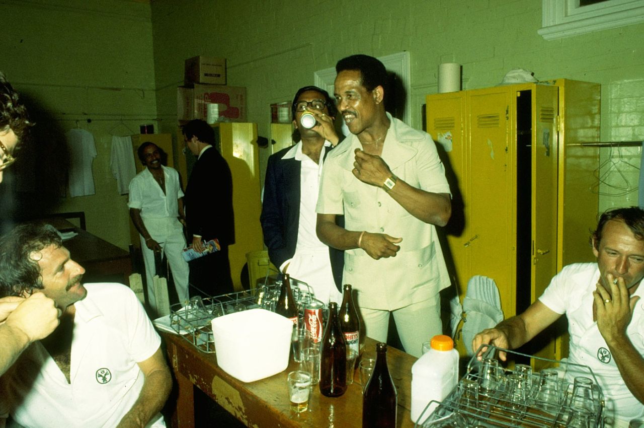 Garry Sobers and the Australians have drinks in the dressing room