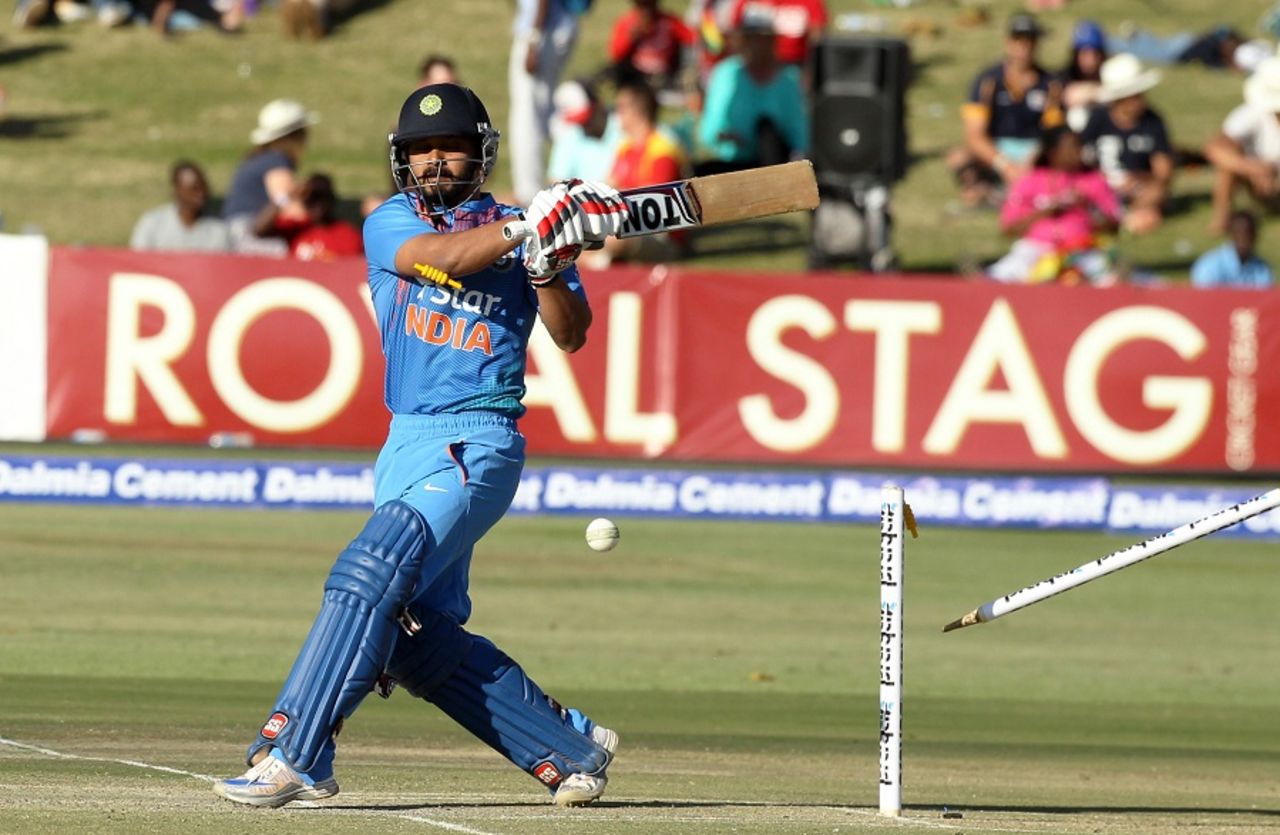 Kedar Jadhav was bowled for 19, Zimbabwe v India, 1st T20I, Harare, June 18, 2016