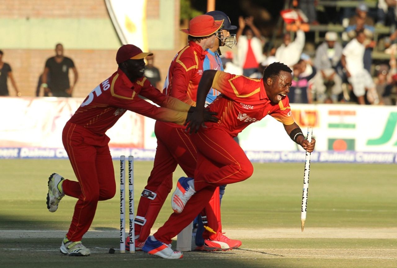 Catch me if you can: Neville Madziva takes off for a celebratory run after sealing Zimbabwe's win, Zimbabwe v India, 1st T20I, Harare, June 18, 2016